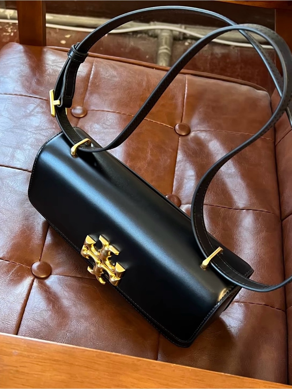 $Black Leather Shoulder Bag with Gold Hardware